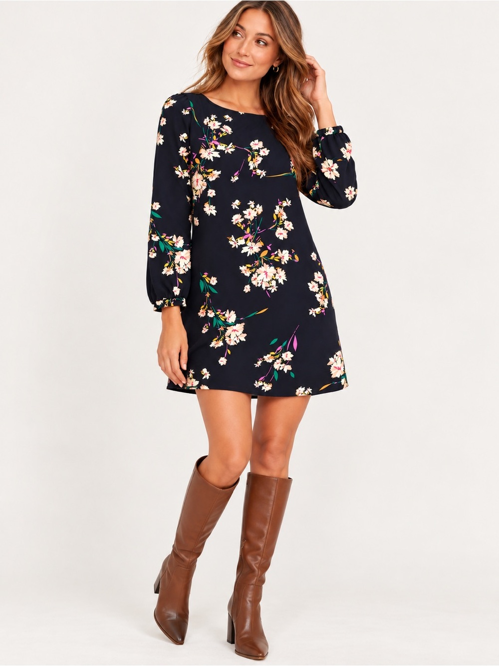 Lulus Navy Floral Long Sleeve Shift Mini Dress XS